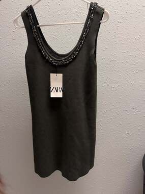 Zara Jewel Ribbed Knit Mini Dress with Rhinestone Embellished Neckline